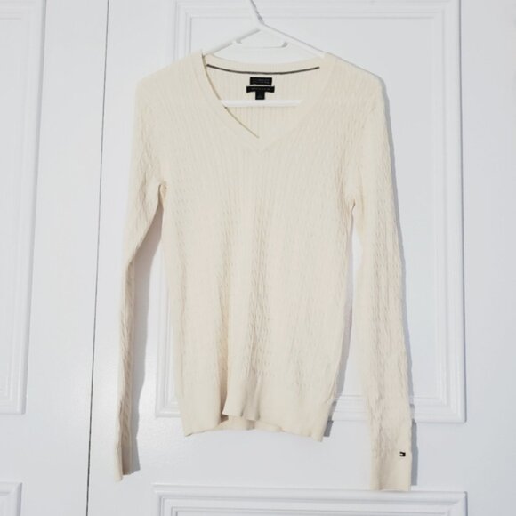 Tommy Hilfiger 100٪ Pima Cotton V Neck Cable Knit Pullover- Size M - Picture 14 of 15